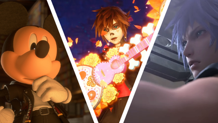 Mickey Mouse, Sora, and Riku from Kingdom Hearts 4. Sora is disguised to blend into the Coco world.