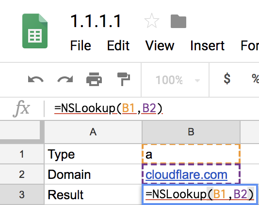 Google Sheets cell containing the NSLookup formula