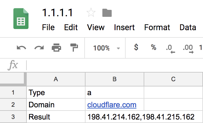 Google Sheets cell displaying the DNS lookup result