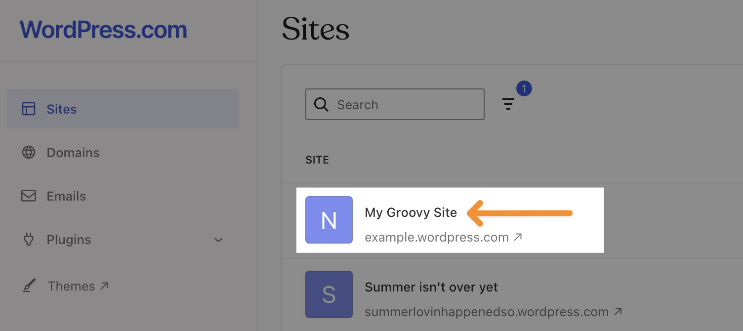 An arrow points to the site title for a site listed in the hosting dashboard sites list.