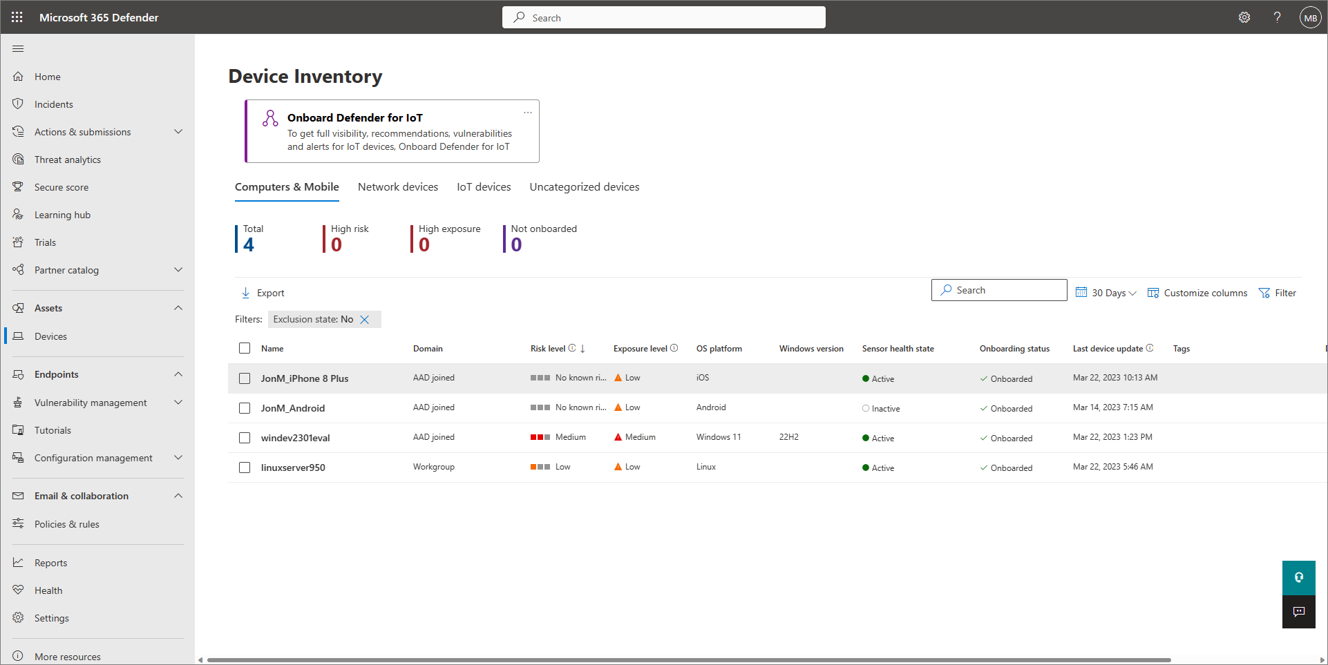Screenshot of device inventory