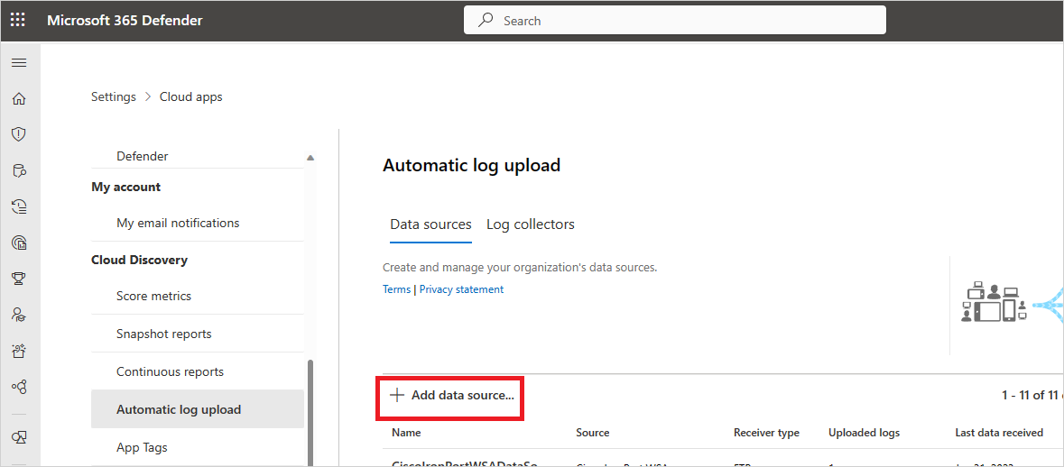 Screenshot of the Data sources tab showing the Add data source button in Cloud Discovery settings.