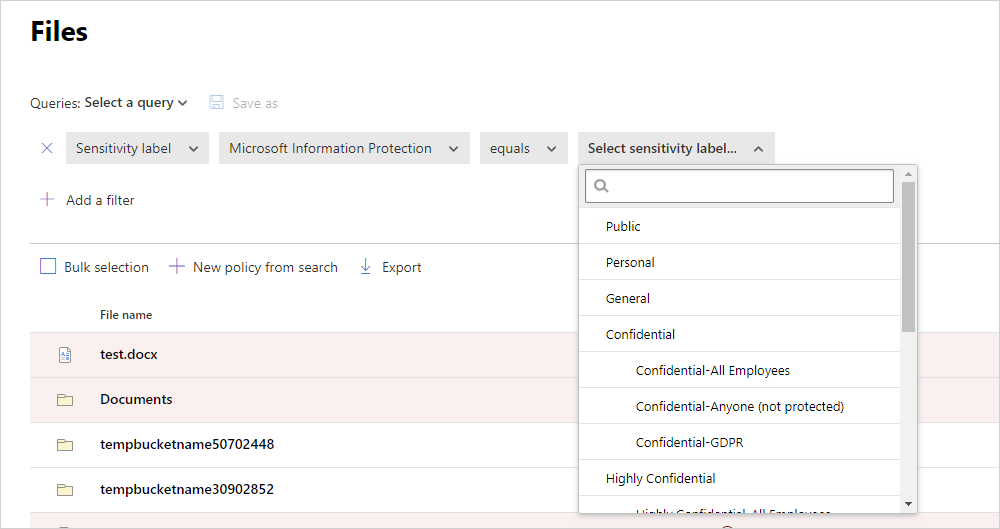 Screenshot of Defender for Cloud Apps Files page filtered by Microsoft Purview sensitivity label.