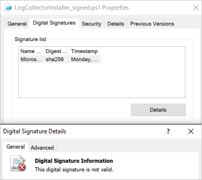 Screenshot of digital signature details indicating the signature verification failed.