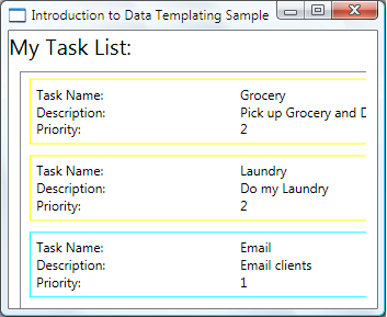 DataTemplatingIntro_fig6 Screenshot of the Introduction to Data Templating Sample window showing the My Task List ListBox with the home and office task borders highlighted in color.