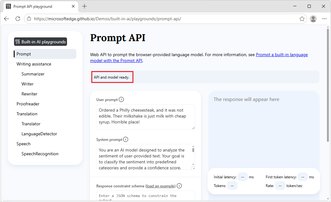 Status indicator showing API and model ready