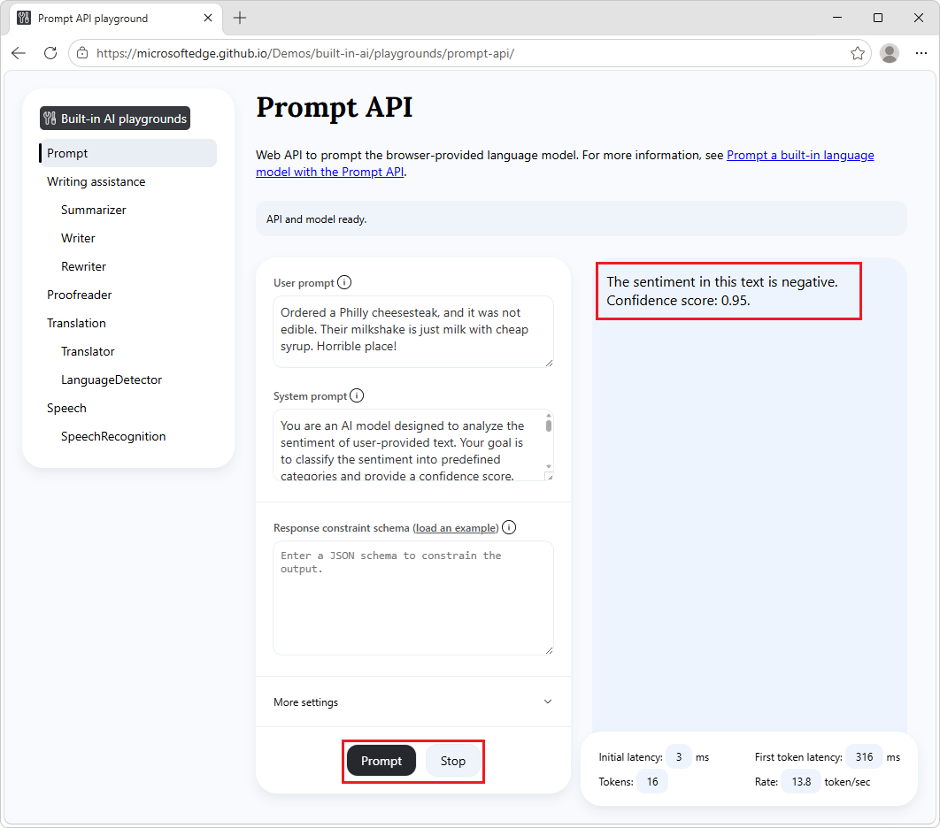 The Prompt demo page with settings and a Prompt button