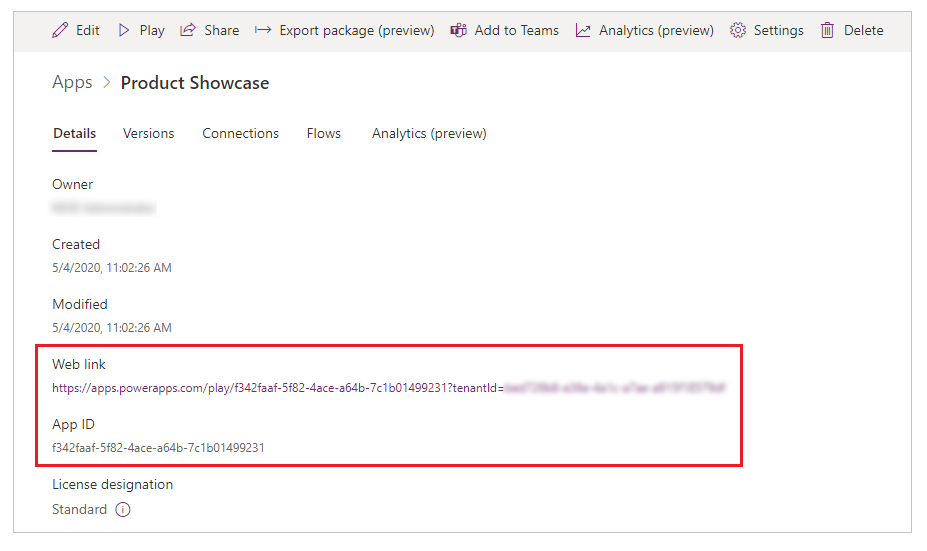 App details with web link and app id App details with web link and app id.