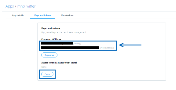 Screenshot of the Twitter developer app Keys and tokens page showing the API secret key.