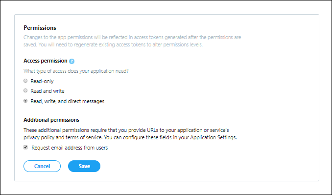 Screenshot of the Twitter app Permissions tab with the required permissions configured.