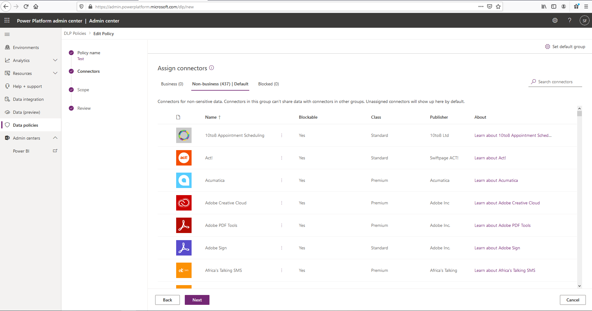 Screenshot of the data loss prevention policy.