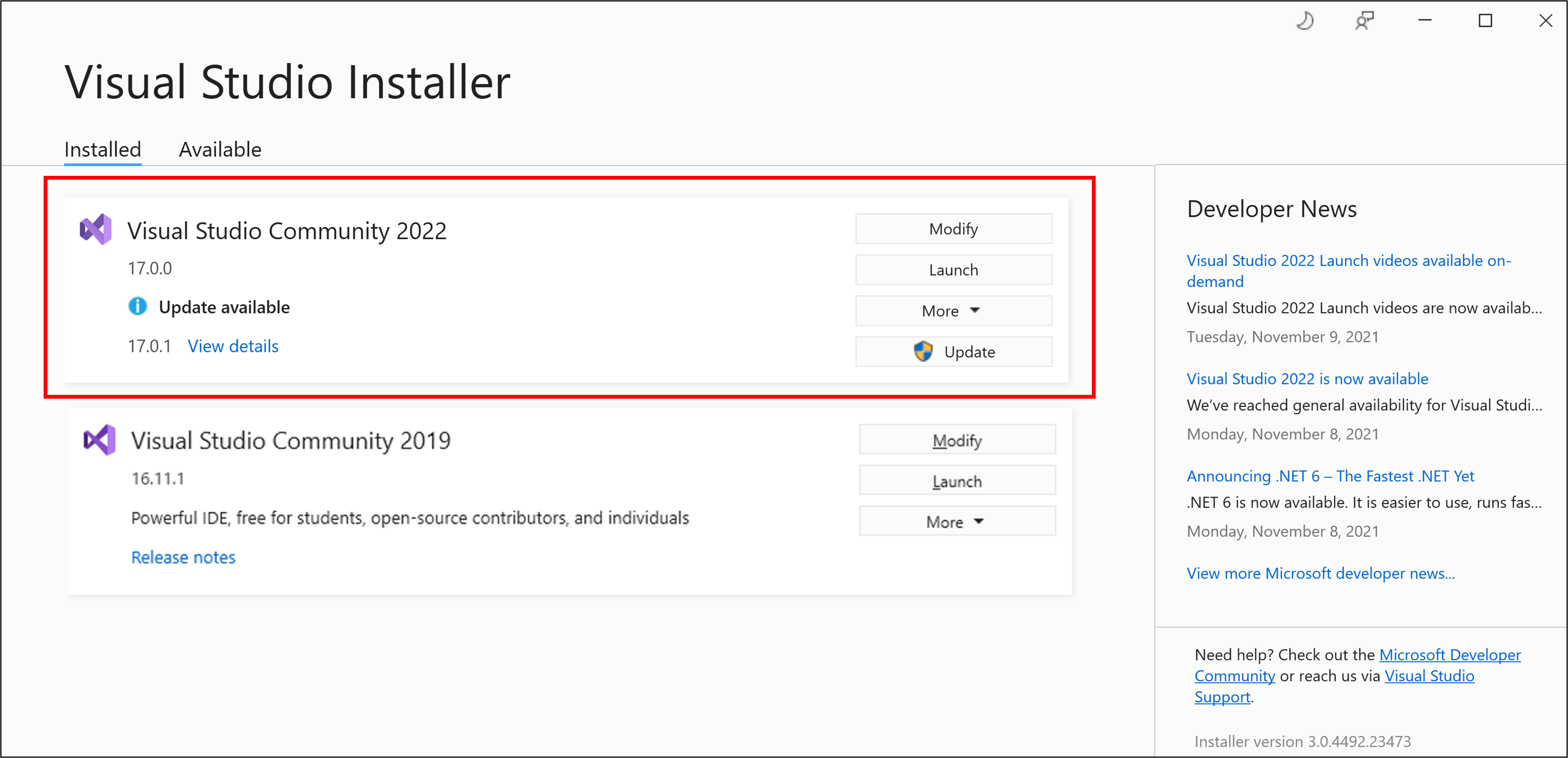 Select the edition of Visual Studio 2022 that you want to update Screenshot showing the Update button and message in the Visual Studio Installer when a new update is available.