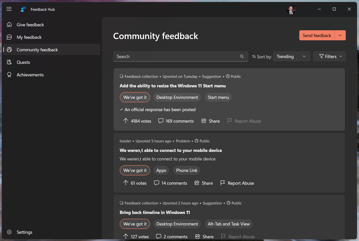 Searching for feedback on Community feedback section of the Feedback Hub.