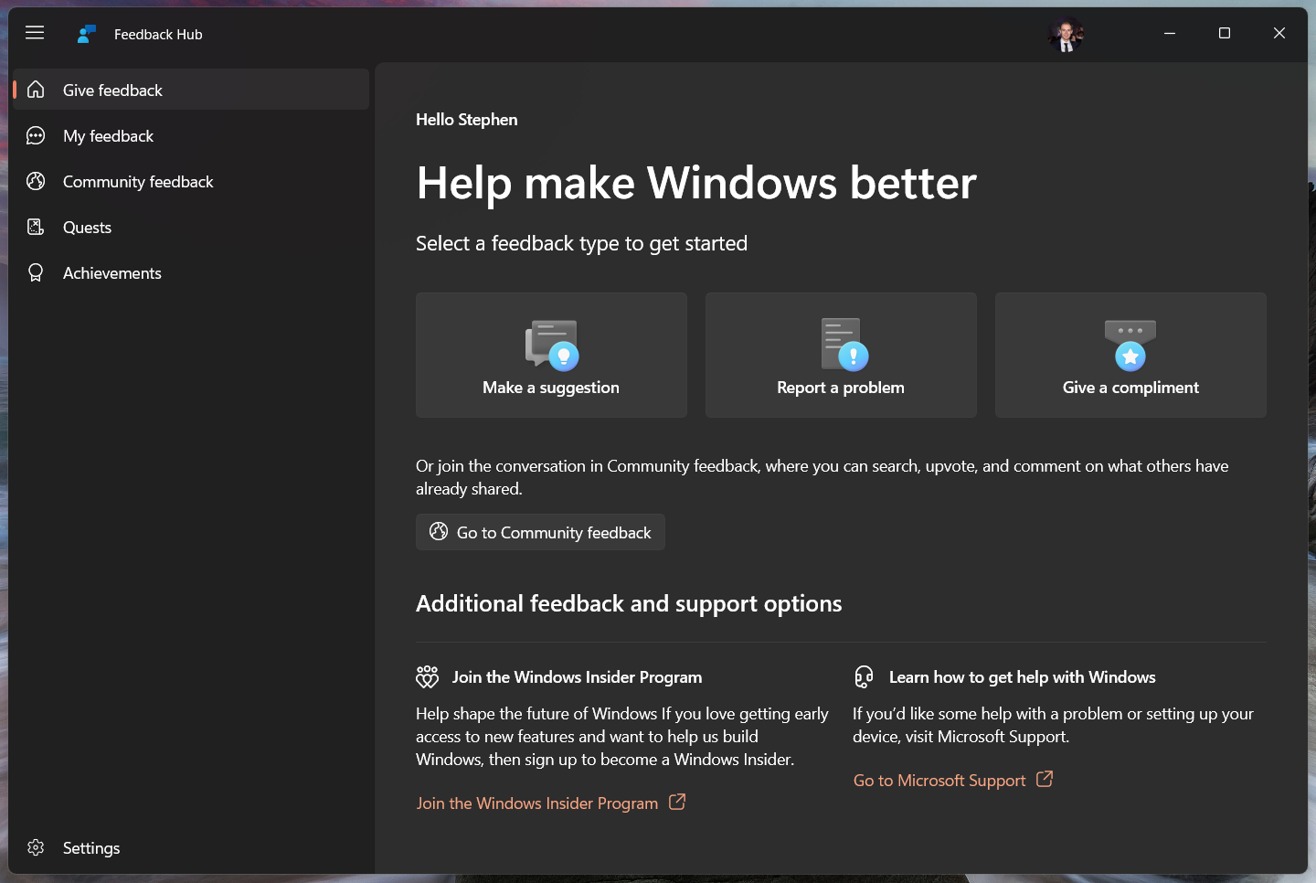 Feedback hub home page