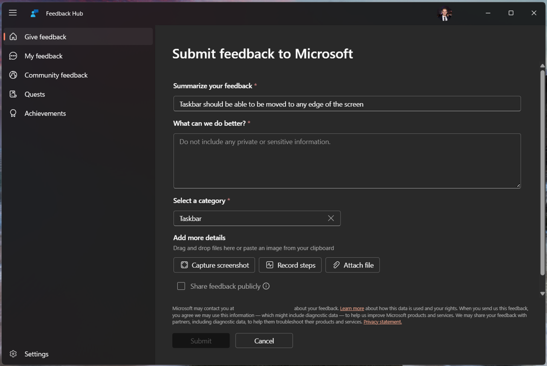 Suggestion form in Feedback Hub