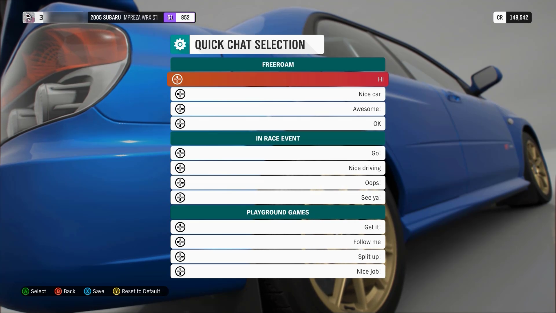 A screenshot from Forza Horizon 4, showing the "Quick Chat Selection" screen. The "D-Pad Up" option is selected.