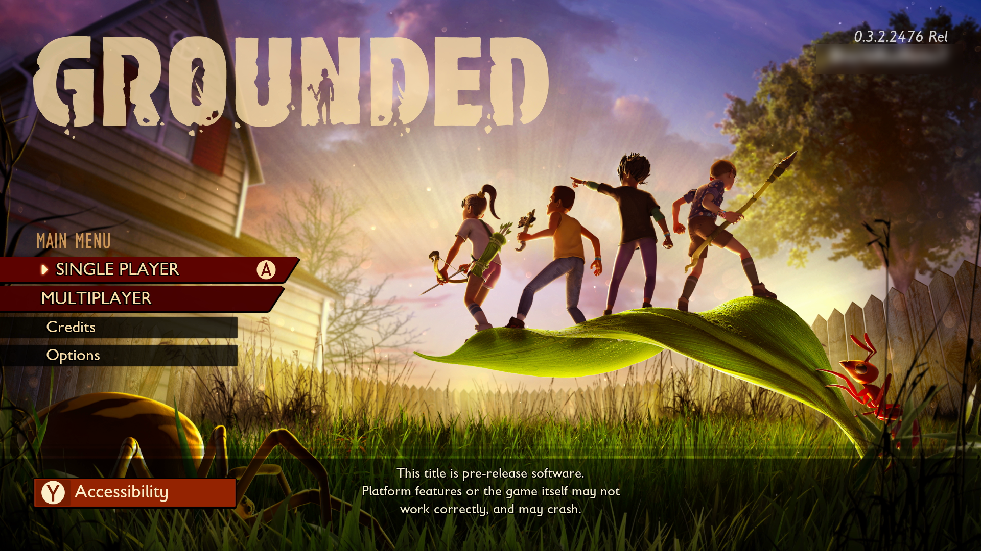 A screenshot of the main menu screen from Grounded. "A - Accessibility" is displayed on the bottom-left corner of the screen.