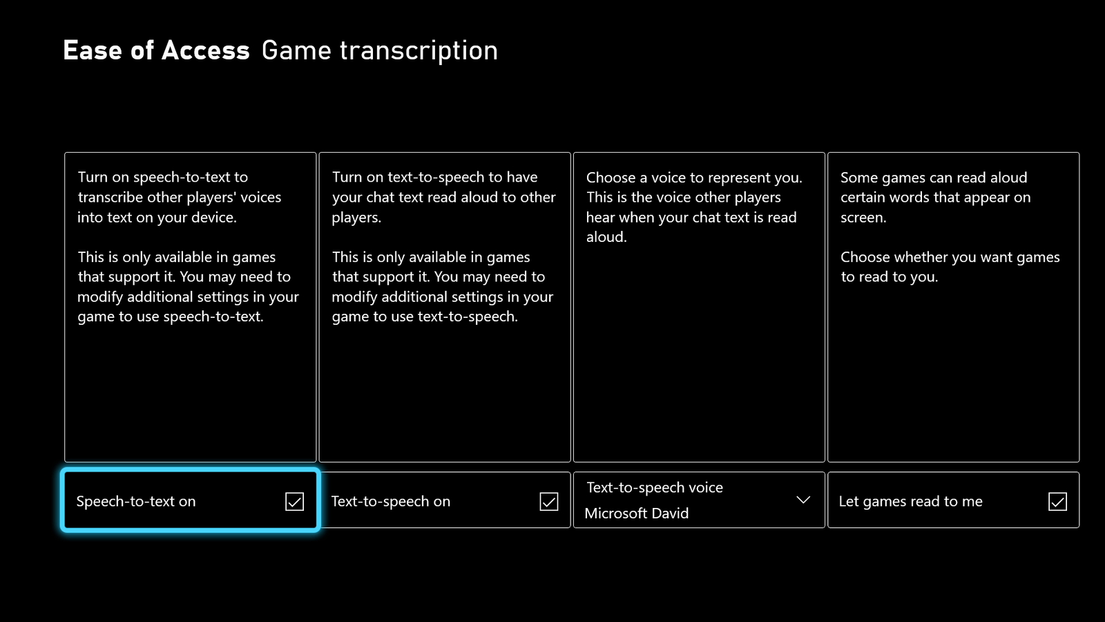 A screenshot from the Ease of Access settings in the Xbox Dashboard. The "Game Transcription" options are displayed and "Speech-to-text on" is highlighted and selected.
