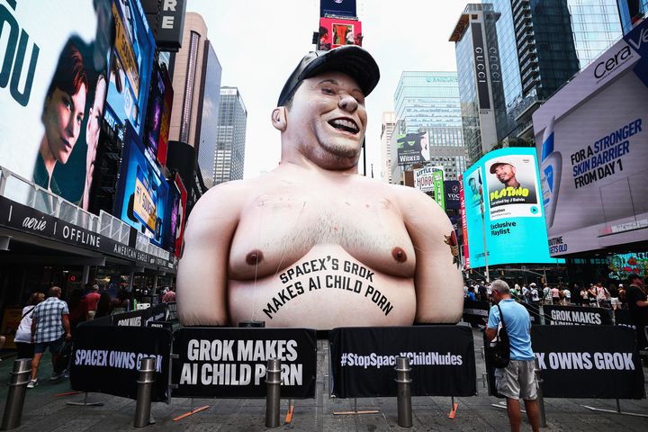 Massive Effigy of Elon Musk Raised Over Times Square to Protest Grok
