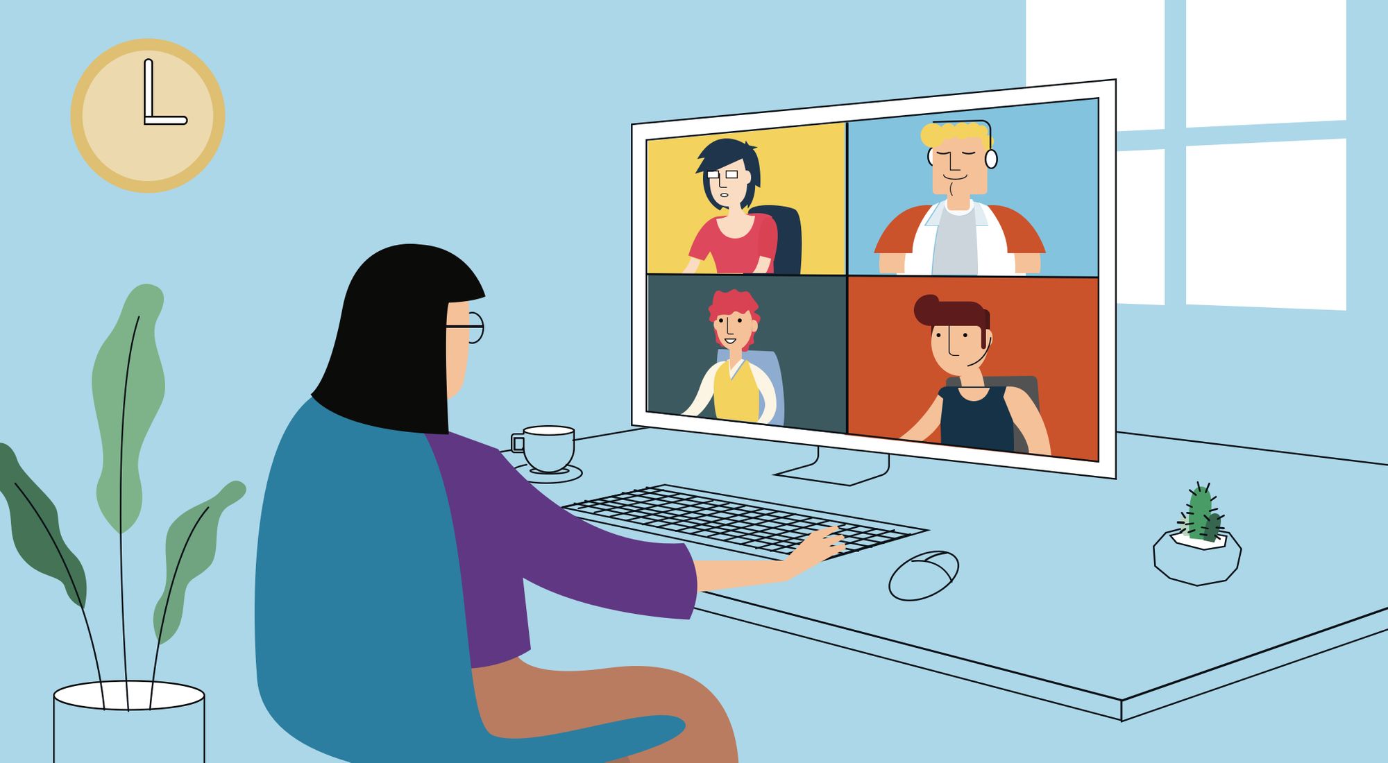 Illustration of a woman on a video call while working from home