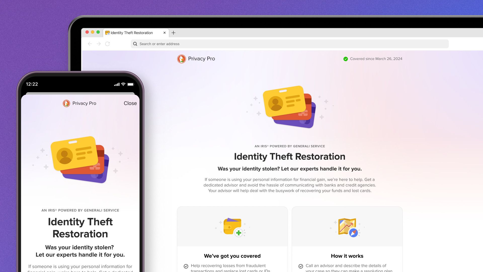 Laptop and smartphone screens displaying the Identity Theft Restoration dashbaord