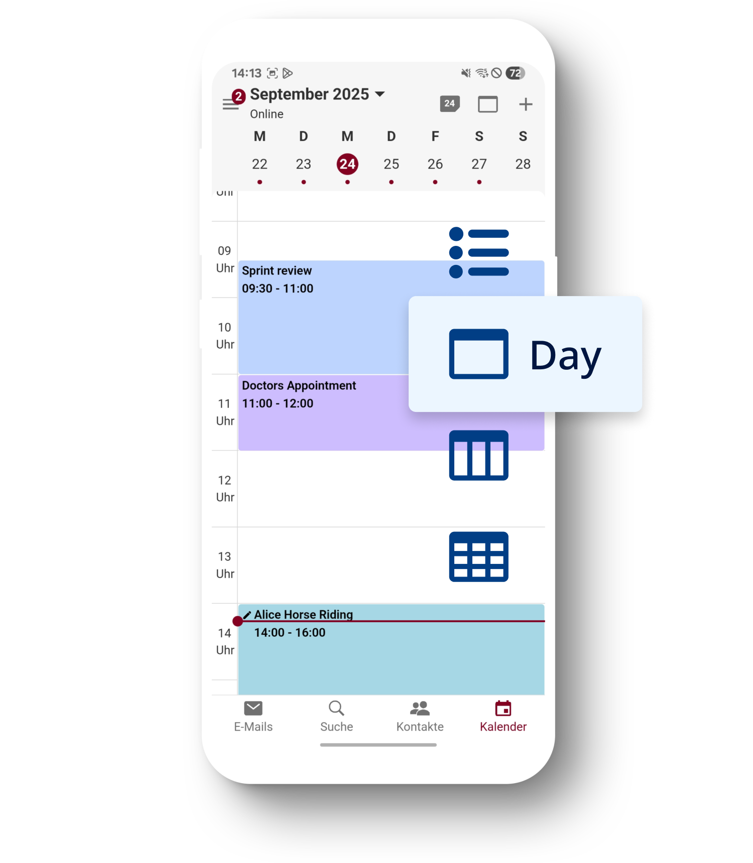Phone showing the secure Tuta Calendar in week view with enlarged icons on the side to symbolize how Tuta's Calendar is customizable allowing you to stay organized. 