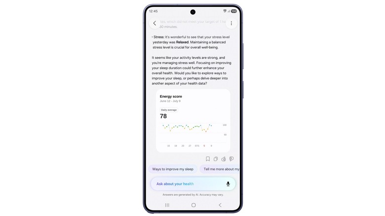 A screenshot of Samsung's Health Assistant chatbot, which is providing the user with details about their energy score and suggestions on how to improve it.